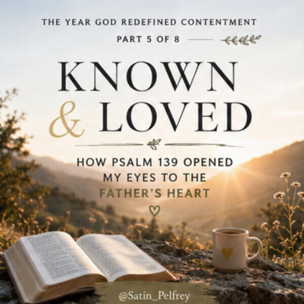 "Known & Loved: How Psalm 139 Opened My Eyes to the Father's Heart" featuring an open Bible at sunrise overlooking peaceful countryside, symbolizing God's love, presence, and the journey of contentment.