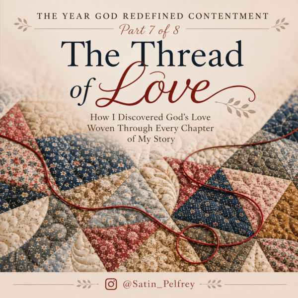 The Thread of Love: How I Discovered God’s Love Woven Through Every Chapter of My Story — Part 7 of The Year God Redefined Contentment, featuring a multicolored patchwork quilt with a red thread woven throughout.